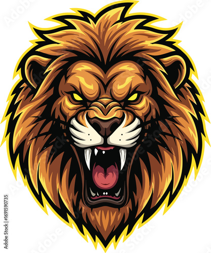 Fierce lion head roaring with golden mane and sharp teeth, a powerful symbol of courage, strength, and leadership for branding and design