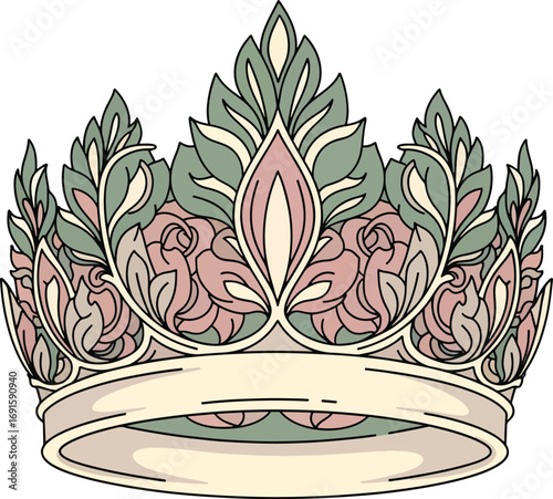 Elegant decorative crown adorned with intricate floral motifs in soft pastel colors, symbolizing royalty and prestige for sophisticated designs.
