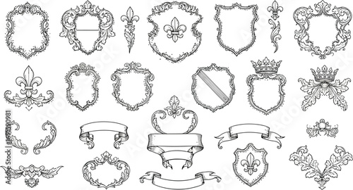 Elegant collection of hand drawn heraldic frames banners and flourishes for stunning vintage designs