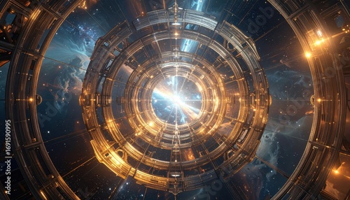 A vast, intricate, golden space tunnel stretches into a breathtaking cosmic expanse.