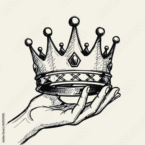 Elegant hand presents a regal crown, symbolizing power, achievement, and the ultimate prize in a classic sketch style