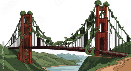 Iconic Golden Gate Bridge reclaimed by vibrant green vines and lush trees, symbolizing nature's powerful takeover of human structures in a breathtaking, artistic scene