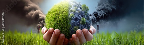 Hands cradle half-green, half-polluted globe, set against blurred grass and smokestacks under bright light. The image contrasts nature and industry