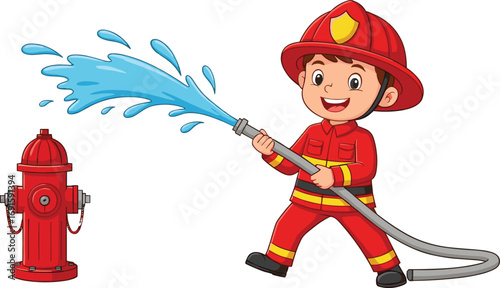 Happy young boy firefighter in red uniform spraying water from hose connected to fire hydrant, fire safety cartoon vector