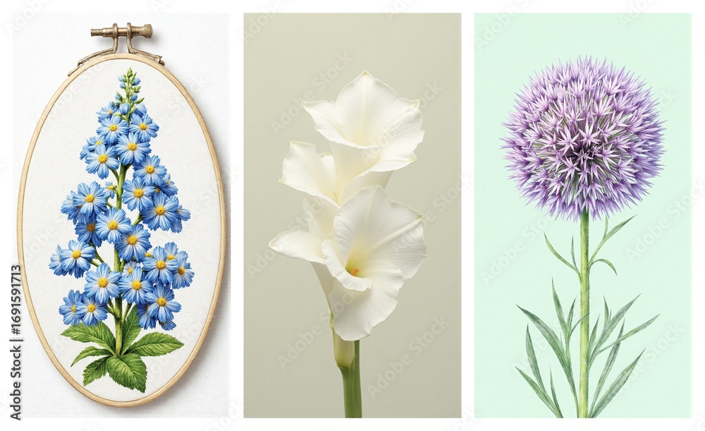 Obraz premium A triptych of floral artistry: a blue embroidered bloom, elegant white trumpet flowers, and a vibrant purple globe blossom.