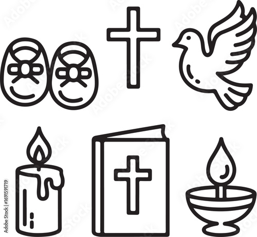 Spiritual Faith and Christening Vector Icons Collection Baby Shoes, Cross, Candle, Bible, Dove, Holy Water, and Celebration Items