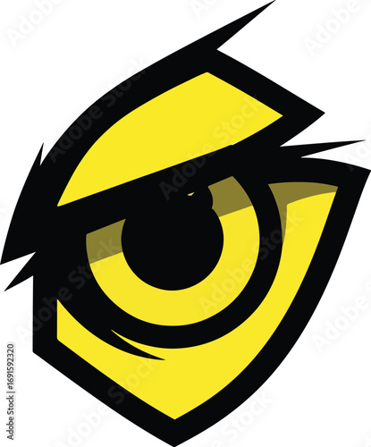 Fierce, sharp, stylized yellow eagle eye logo design with intense gaze, perfect for sports teams, gaming, or brands seeking a powerful visual identity.