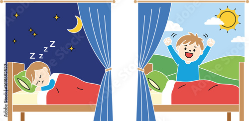 Illustration of boy sleeping peacefully at night and waking up happily in the morning with sun and stars outside window.