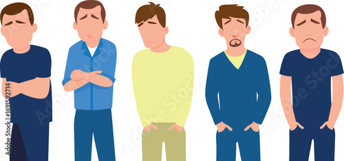 Group of Sad and Upset Men with Different Expressions, Editable Vector Illustration.