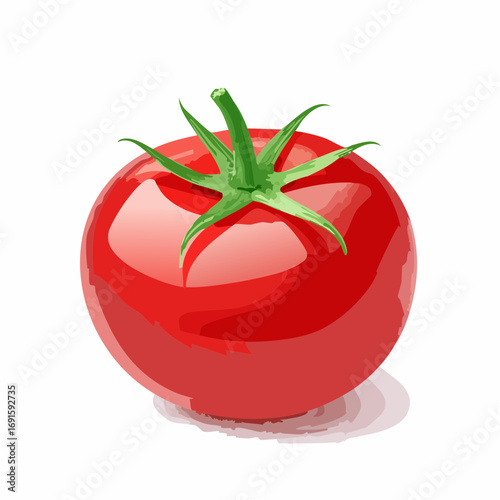 Glossy red tomato vector illustration, simple minimal flat style, isolated, with green stem
