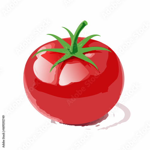 Glossy red tomato vector illustration, simple minimal flat style, isolated, with green stem
