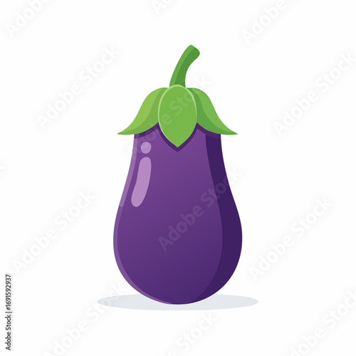 Vector illustration of eggplant, deep purple body with green stem, simple minimal style