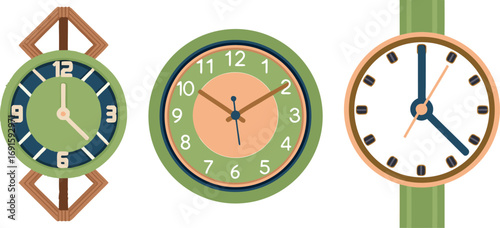 Collection of Analog Clocks Showing Different Times, Editable Vector Illustration.
