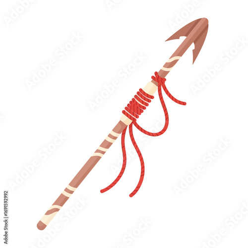 Iron-tipped harpoon with a red rope, a tool for whaling or defense on a maritime expedition for Columbus Day.