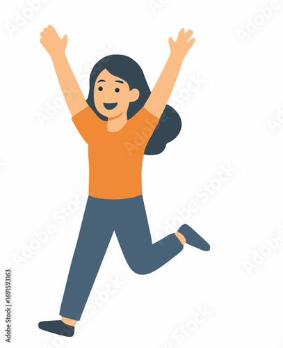 An energetic and joyful young woman celebrating with her arms raised high in a dynamic pose, conveying happiness and excitement