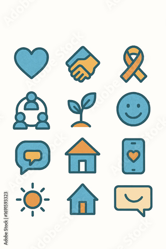 A vibrant vector icon set representing themes of well-being, community, and support.