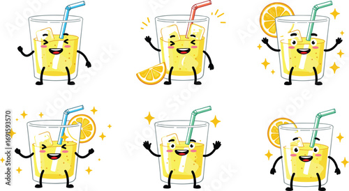 Cute cartoon lemon juice character, funny citrus drink illustration, refreshing beverage mascot, happy glass with straw and ice cubes