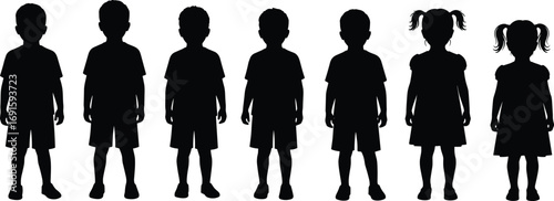 Silhouettes of children standing in a row, boys and girls, diverse kids, childhood innocence, playtime, kids vector illustration