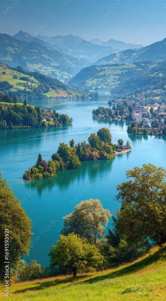 Fototapeta premium Lush green hills descend to a tranquil, turquoise lake surrounding a small island under a clear blue sky on a sunny day