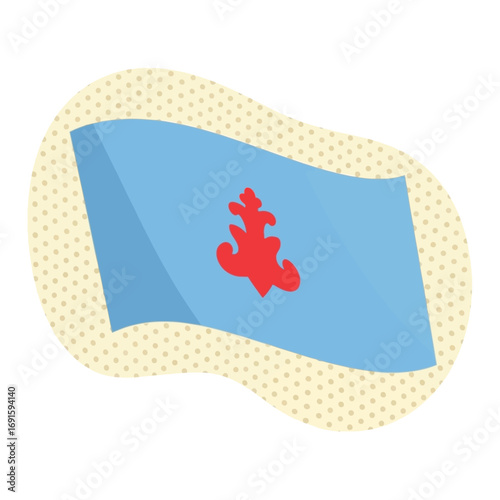 Waving blue flag with a red ship silhouette, representing the banner of a Columbus Day exploration fleet.