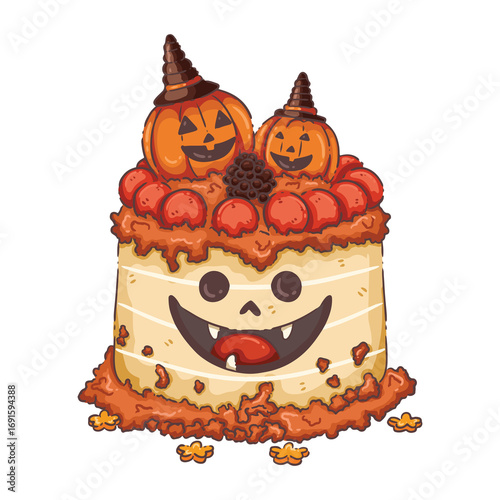 Smiling Halloween Monster Cake with Pumpkin Toppers and Berries