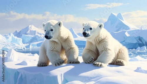 Two polar bears sit on a snowy ice floe, amidst a breathtaking arctic landscape.