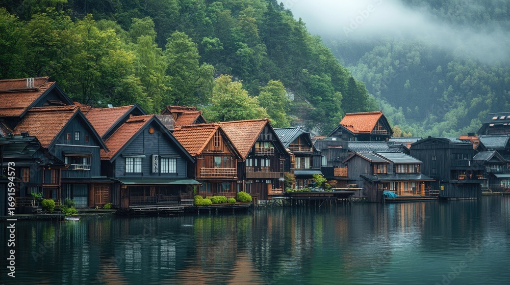 Naklejka premium Enchanted Water Village: Serene Reflections in a Misty Mountain Haven