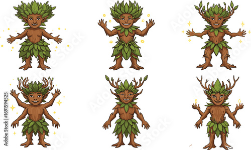 Cartoon tree spirit character, fantasy dryad illustration, mythical forest guardian, nature elemental artwork, magical woodland creature mascot design for games