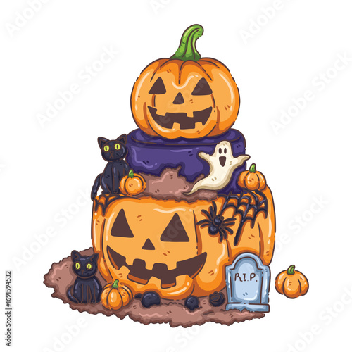 Stacked Halloween Pumpkin Cake with Black Cats, Ghosts, and Tombstone