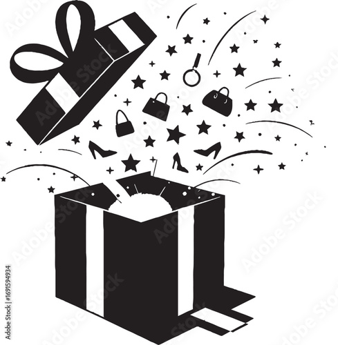 Open Gift Box Exploding with Fashion Items and Stars for Upcoming American Black Friday, 2025