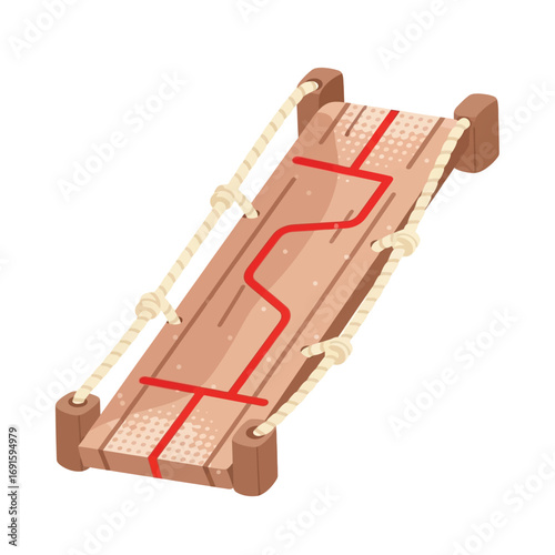 Wooden emergency stretcher with red straps, representing medical care and safety on a historic Columbus Day ship.