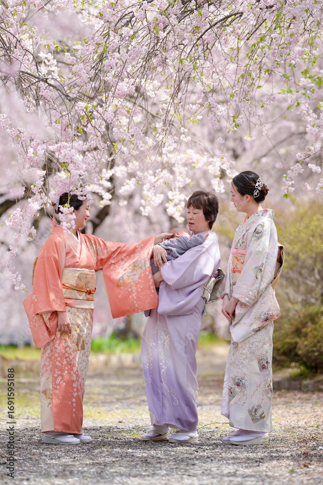 Obraz premium Three women in traditional Japanese clothing are standing under a tree with pink blossoms. One of the women is holding a baby. Concept of warmth and togetherness