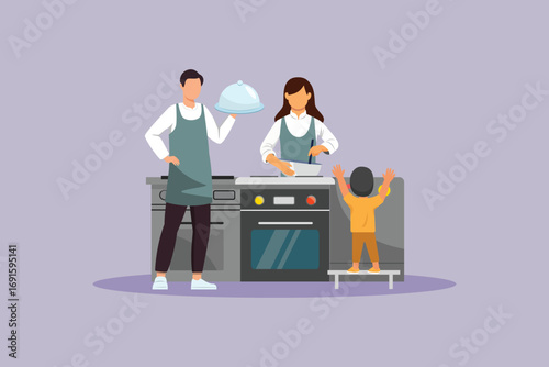 Father mother and child cooking. Cooking Family Concept. Colored flat vector illustration isolated
