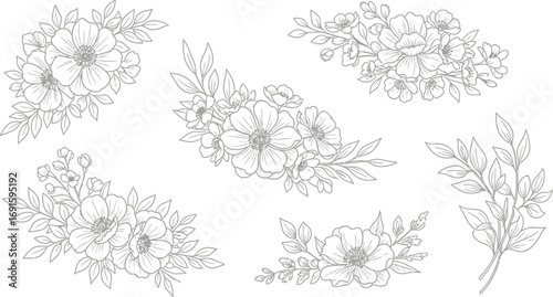 Elegant floral line art elements for invitations and designs, perfect for a modern and sophisticated aesthetic