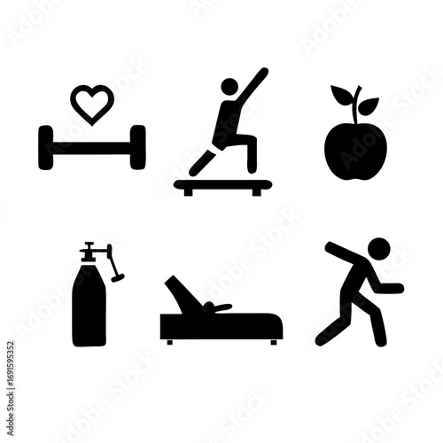 A 15-icon pictogram set about wellness and fitness in simple black vector style. Includes running, yoga pose, dumbbell, treadmill, heart rate, water bottle, scale, jump rope, bicycle, meditation, appl