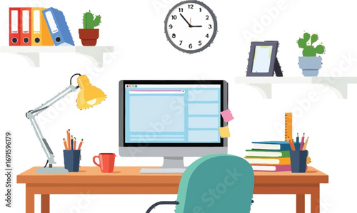 Inspiring workspace with modern desk, computer, and bright lamp for productive online learning or professional work