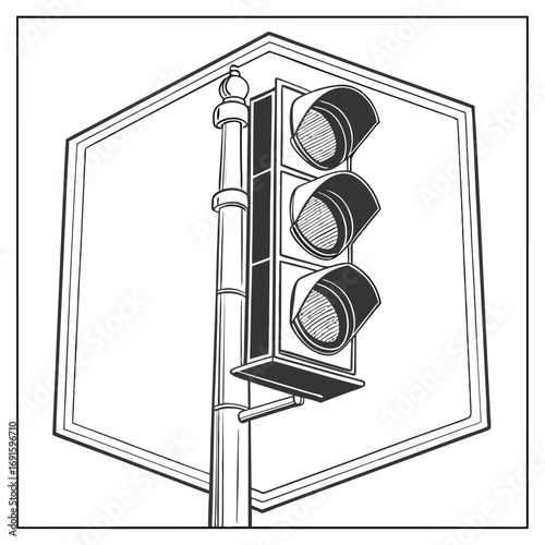 Traffic Light Signal With Three Lights On Pole.