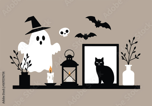 Eerie yet Festive Halloween Theme Decor on a Shelf, Showcasing a Ghost, Bats, and a Mysterious Black Cat Silhouette Illustration
