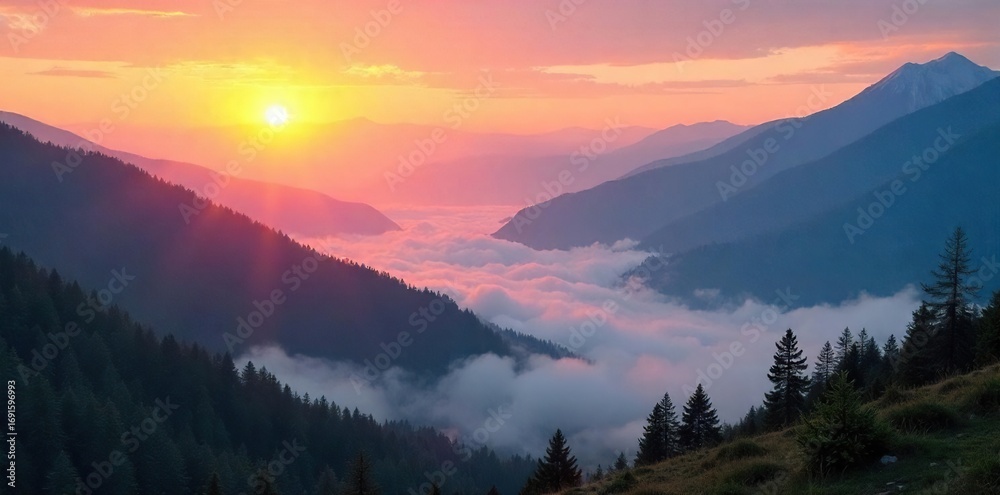 Obraz premium Serene landscape at dawn, misty mountains reflecting spiritual awakening; perfect for meditation, yoga, mindfulness, and inner peace themes , clouds, wellbeing, ascension