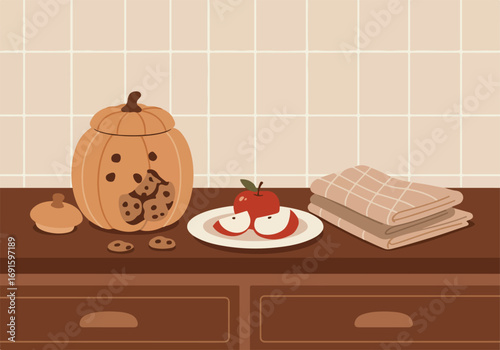 Delightful autumnal kitchen counter featuring a charming pumpkin cookie jar, fresh apples, and soft towels, perfect for a halloween themed gathering