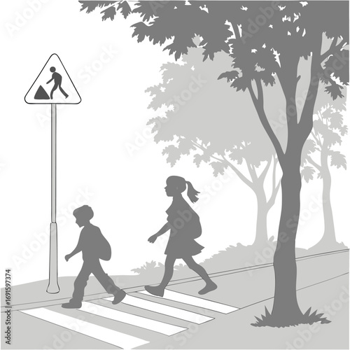 Children crossing the street at a pedestrian crosswalk near a sign.