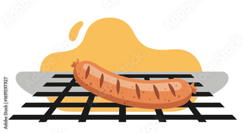 A close-up illustration of a delicious, juicy sausage sizzling on a grill, perfect for food blogs, menus, and summer barbecue promotions