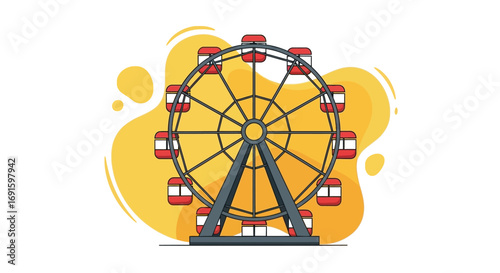 A vibrant cartoon illustration of a Ferris wheel against a bright yellow splash background, symbolizing fun and entertainment at an amusement park or fairground