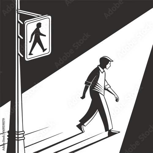 Man Walking at Night Under Streetlight Near Pedestrian Sign.