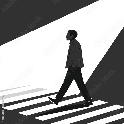 Man Walking Across Crosswalk Under Spotlight.