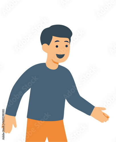 A smiling young man in a blue shirt and orange pants is reaching out with his hand, as if to welcome someone or offer assistance