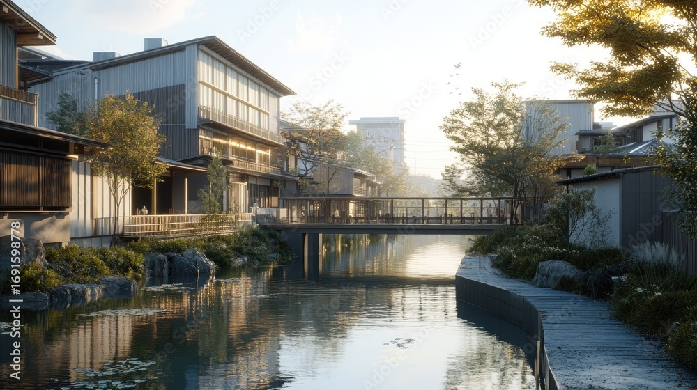 Obraz premium Serene Japanese Canal Town at Dawn