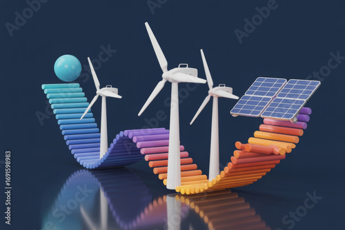 Image features colorful, abstract representation of renewable energy sources including wind turbines and solar panels, with stylized wave and globe symbolizing sustainability and energy transition