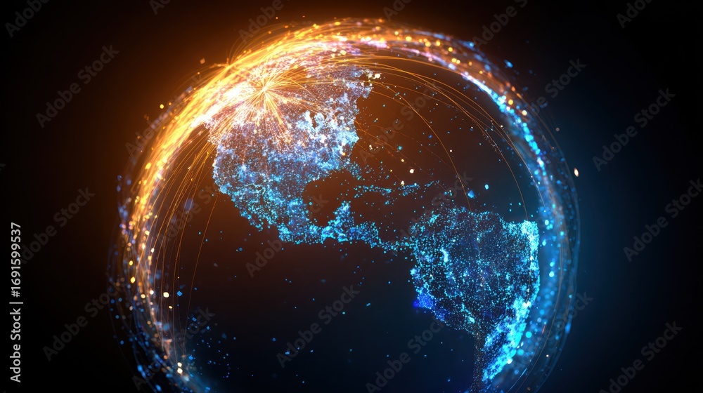 Obraz premium A glowing, futuristic globe with a blue and orange light trail emanating from its center, representing global connectivity and innovation.