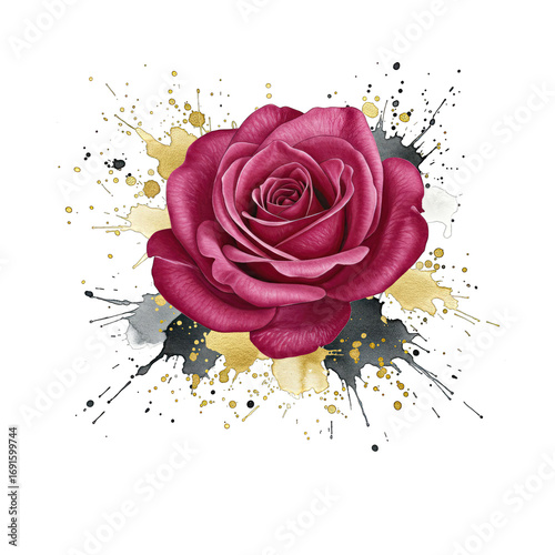 Burgundy Rose with Gold and Gray Watercolor Splashes on Black Background: A Detailed Floral Illustration with Rich Color Palette and Dynamic